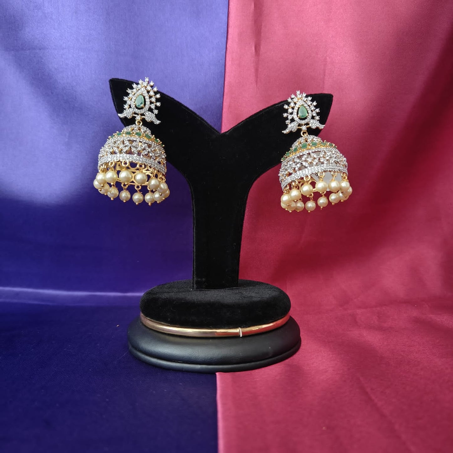 Elegant GJ Jhumkas In Green Stone