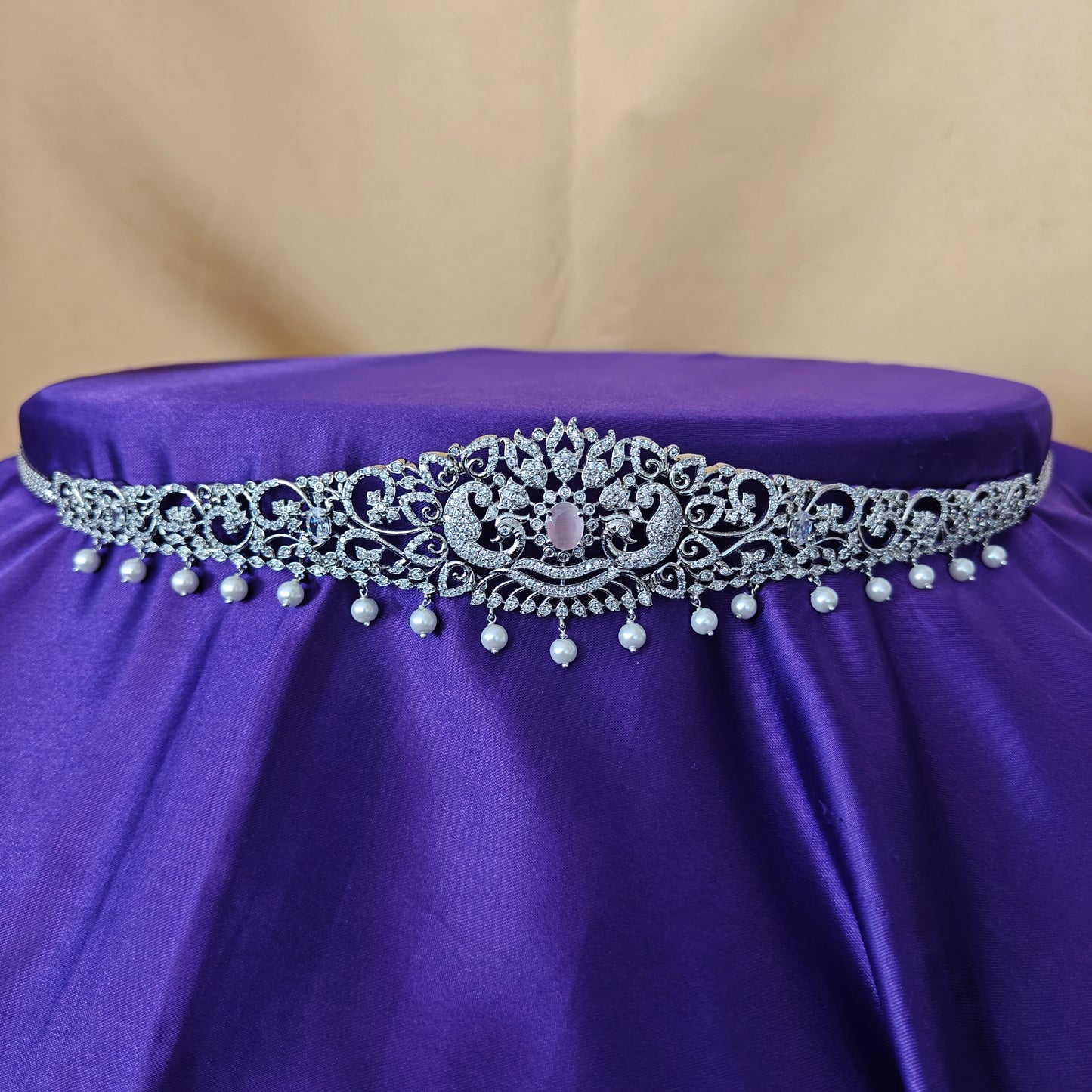 Beautiful Silver Chain Type Vaddanam In Baby Pink Stone