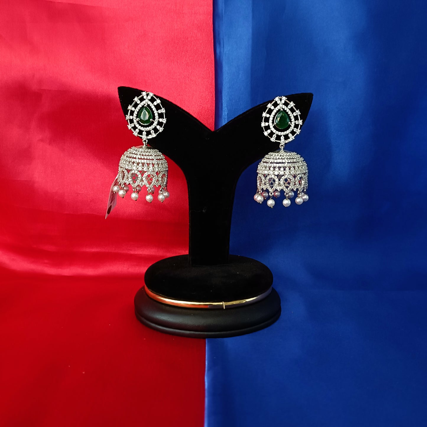 Beautiful Silver Jhumki In Green Stone