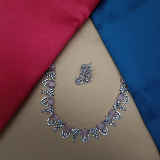 Elegant Silver Short Necklace In Baby Pink Stone