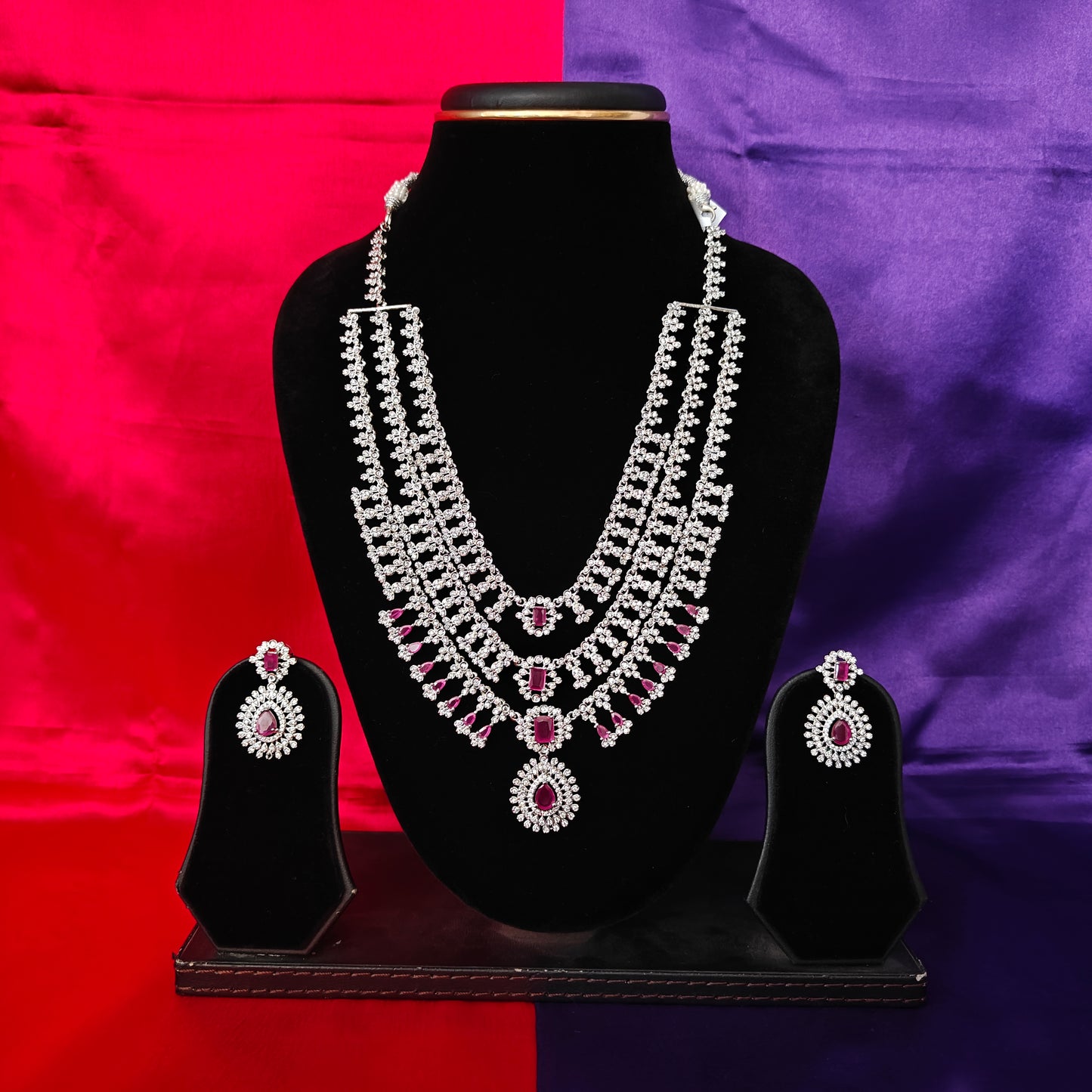 Beautiful Silver Layered Necklace In Ruby Stone