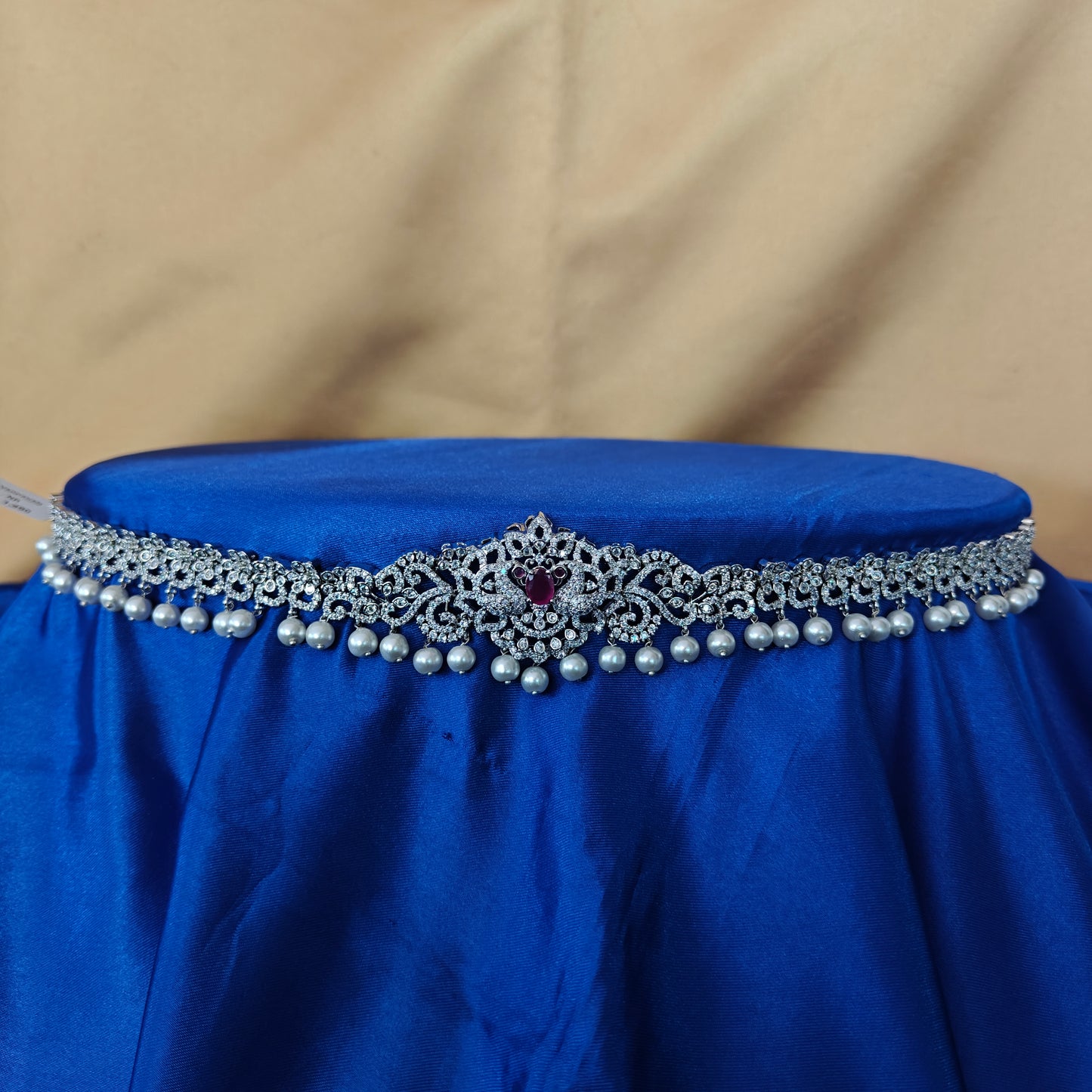 Beautiful Silver Chain Type Vaddanam In Ruby Stone