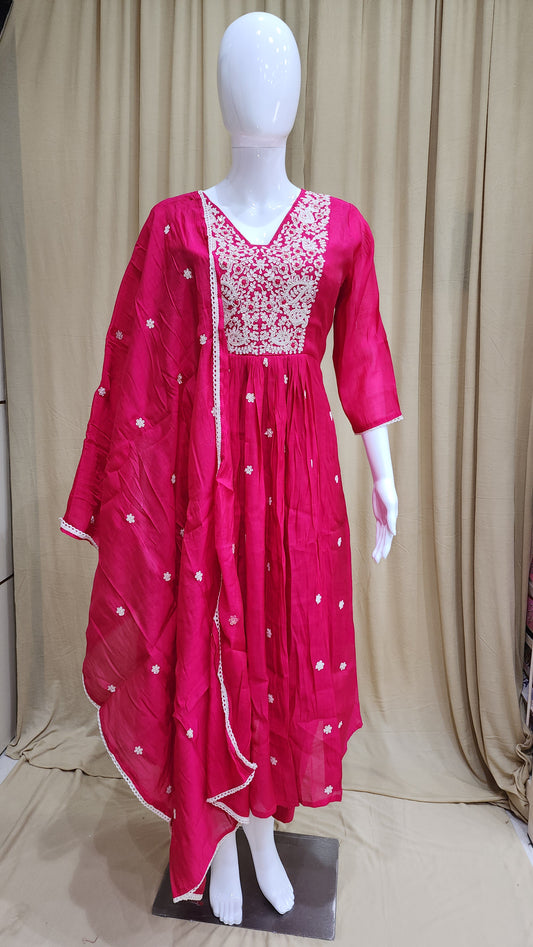 Fancy Dress Mal Chanderi  Frock Pattern 3 pcs Set