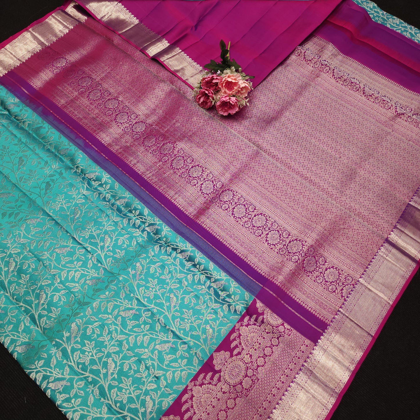 Handloom Pure Resham German Silver Zari Kanchi Pattu Saree