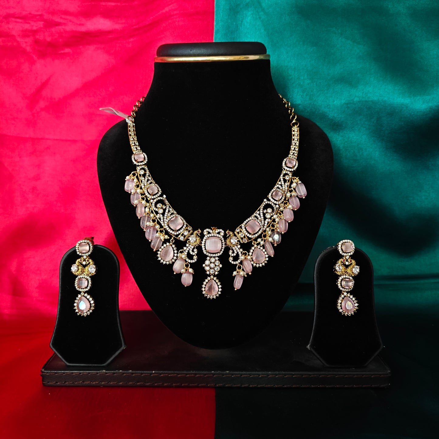 Elegant Victorian Kante Necklace In Baby Pink Stone