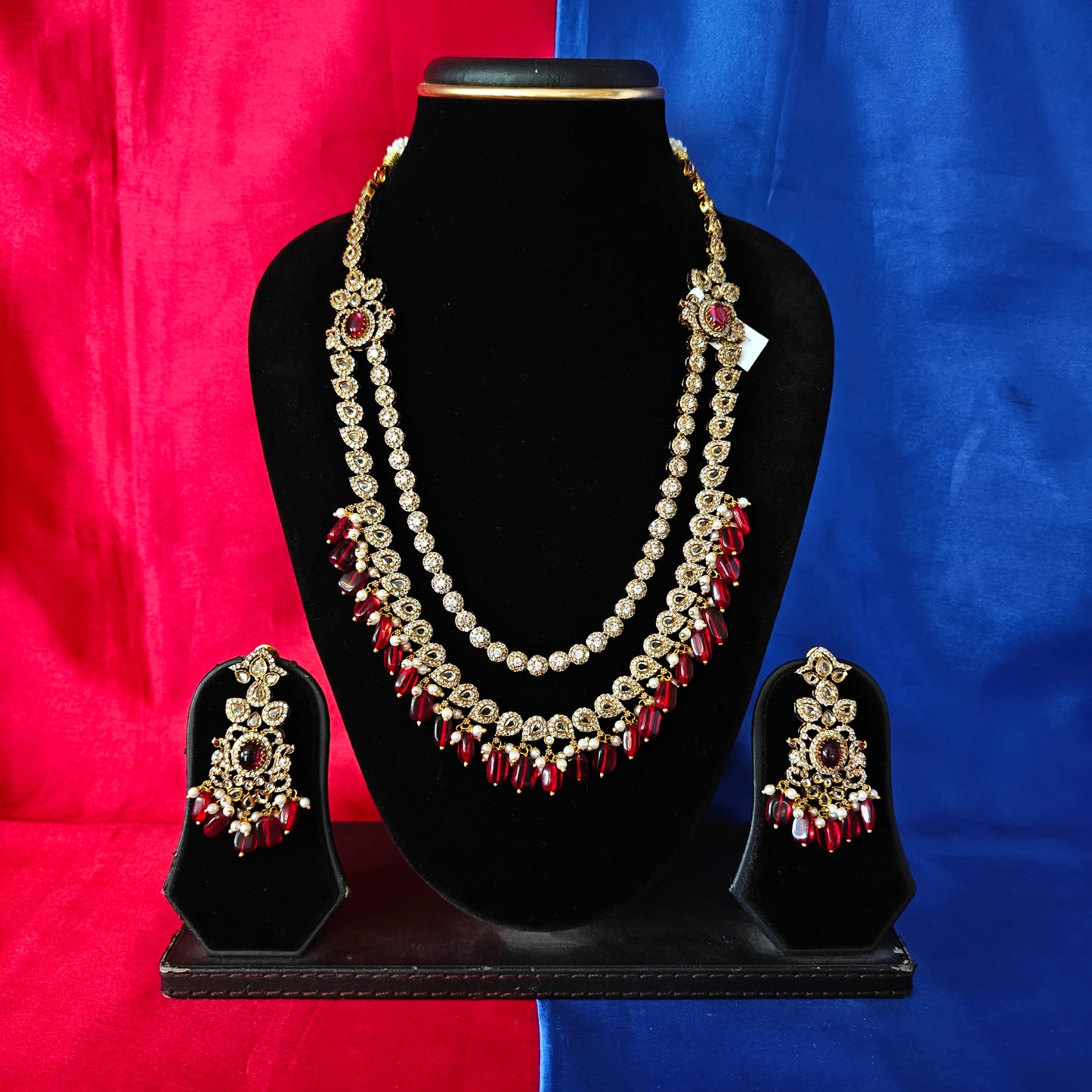 Beautiful Victorian Layered Long Necklace In Maroon Beads