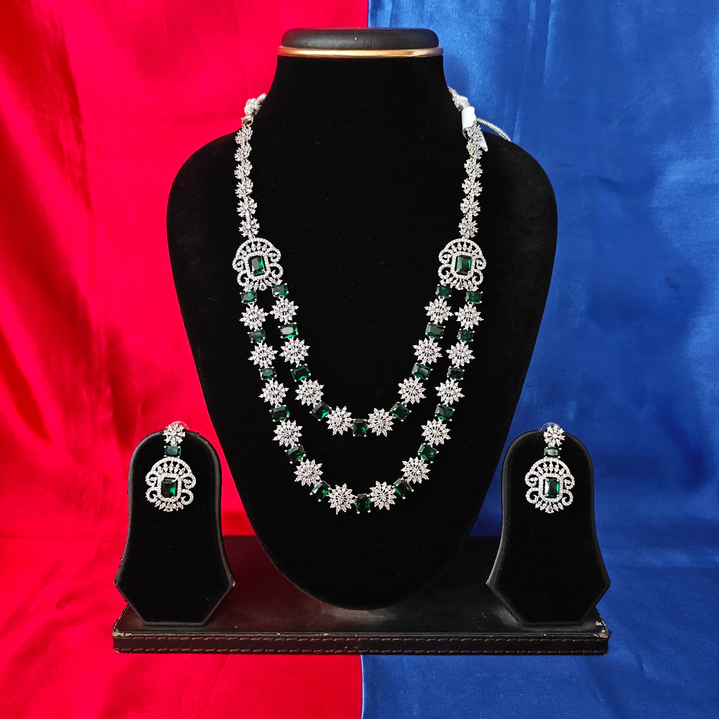 Beautiful Silver Layered Long Necklace In Green Stone