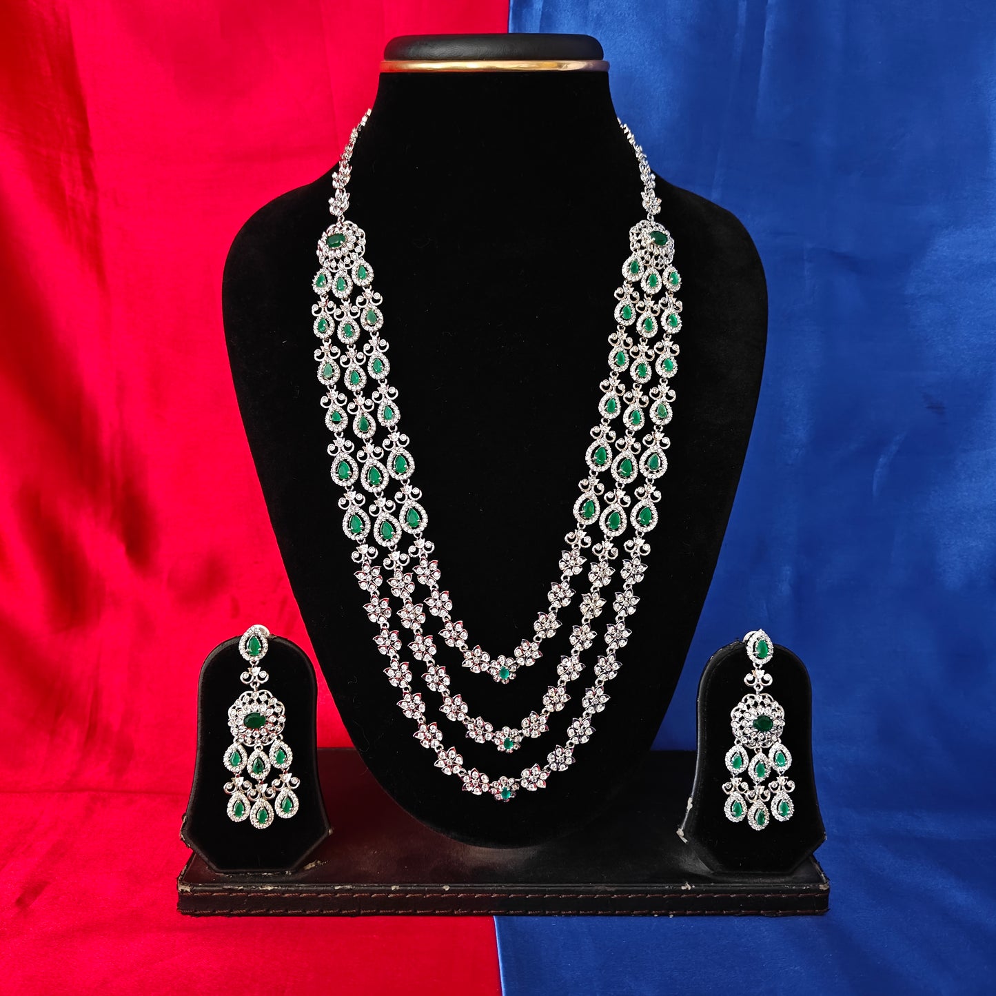 Beautiful Silver Layered Long Necklace In Green Stone