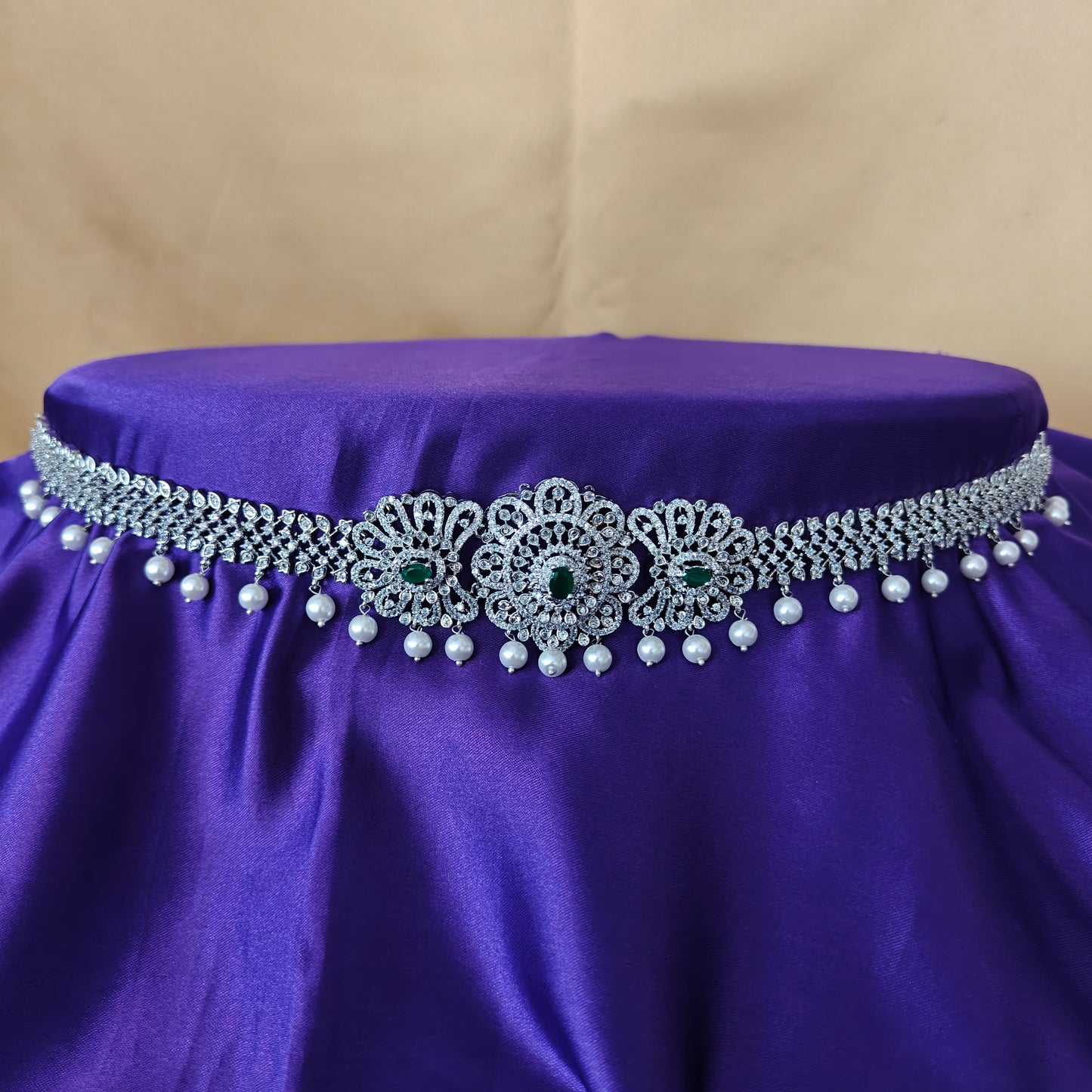 Beautiful Silver Chain Type Vaddanam In Green Stone