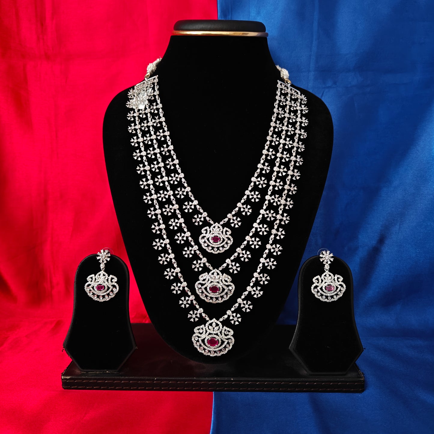Elegant Silver Layered Long Necklace In Ruby Stone - Ambica Wedding Mall