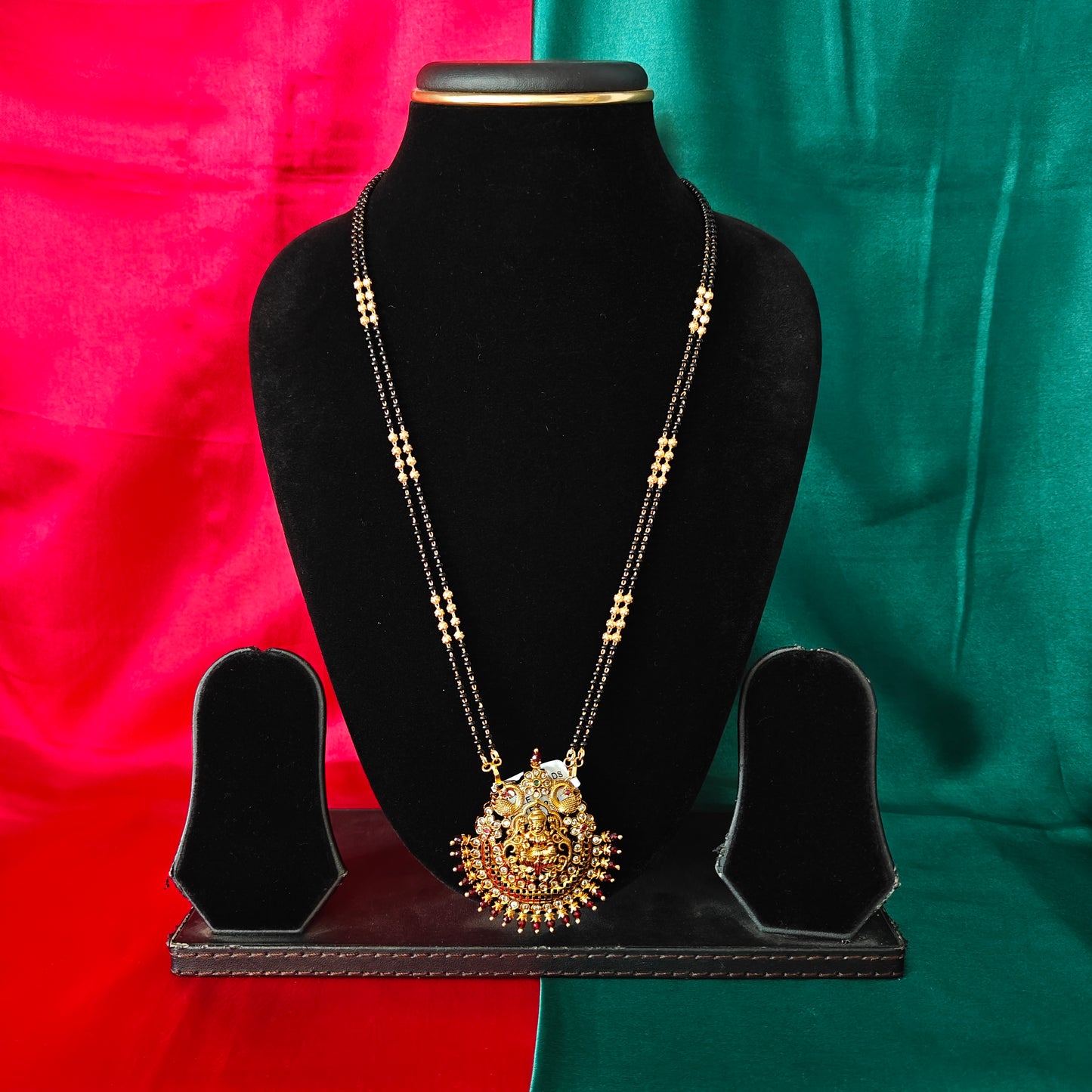 Beautiful Black Beads Long With Laxmi Idol In Red Crystal