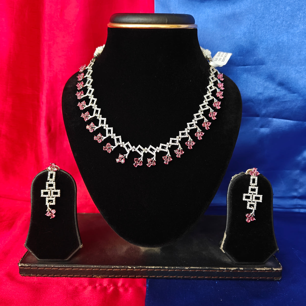 Elegant AD Short Necklace In Maroon Coloured Stone