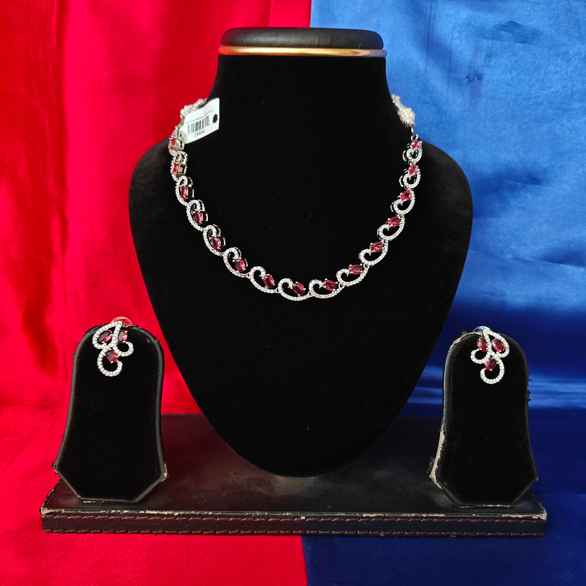Elegant AD Short Necklace In Maroon Coloured Stone
