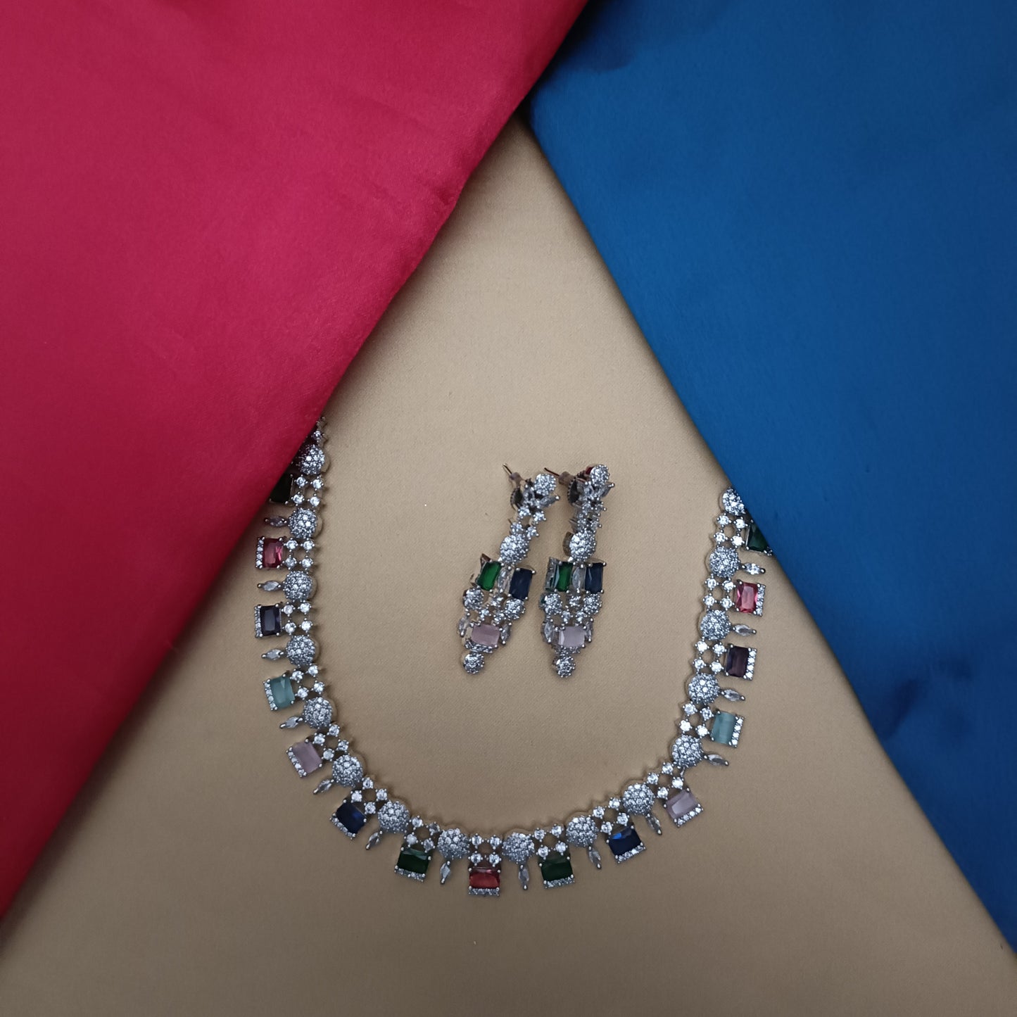 Elegant AD Short Necklace In Multi Colour Stone
