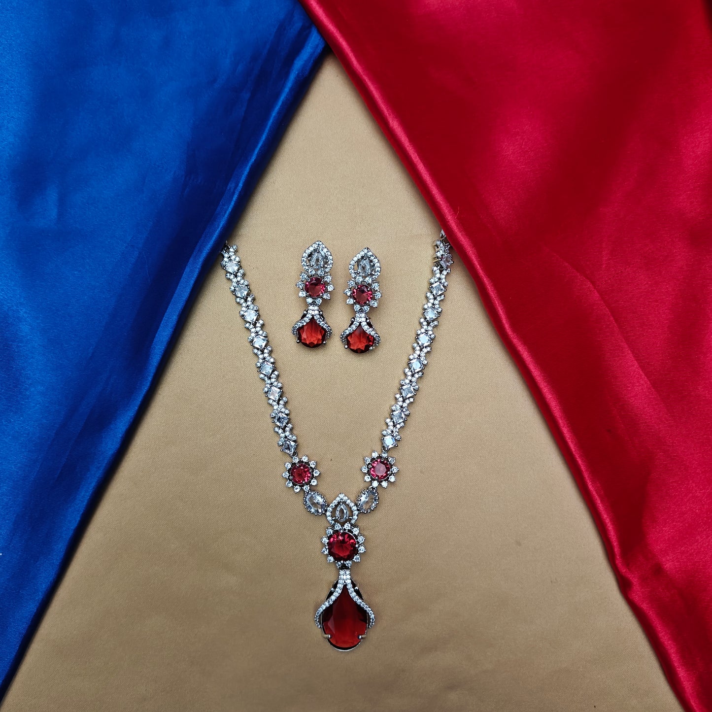 Beautiful AD Short Necklace In Red Stone