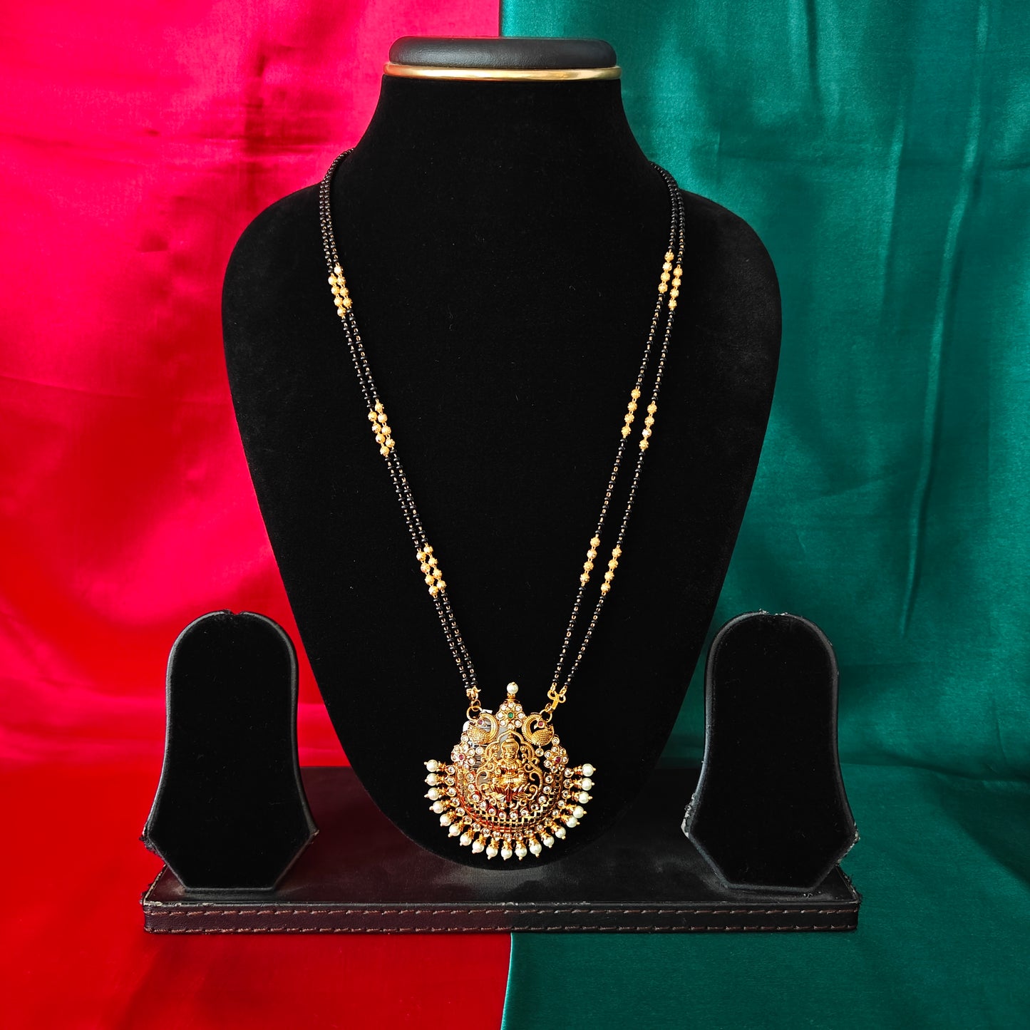 Beautiful Black Beads Long With Laxmi Idol In Pearl