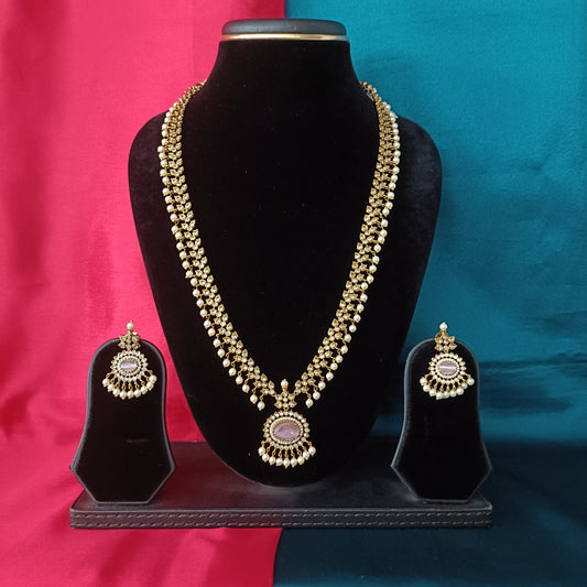 Beautiful Victorian Long Necklace In Baby Pink Stone