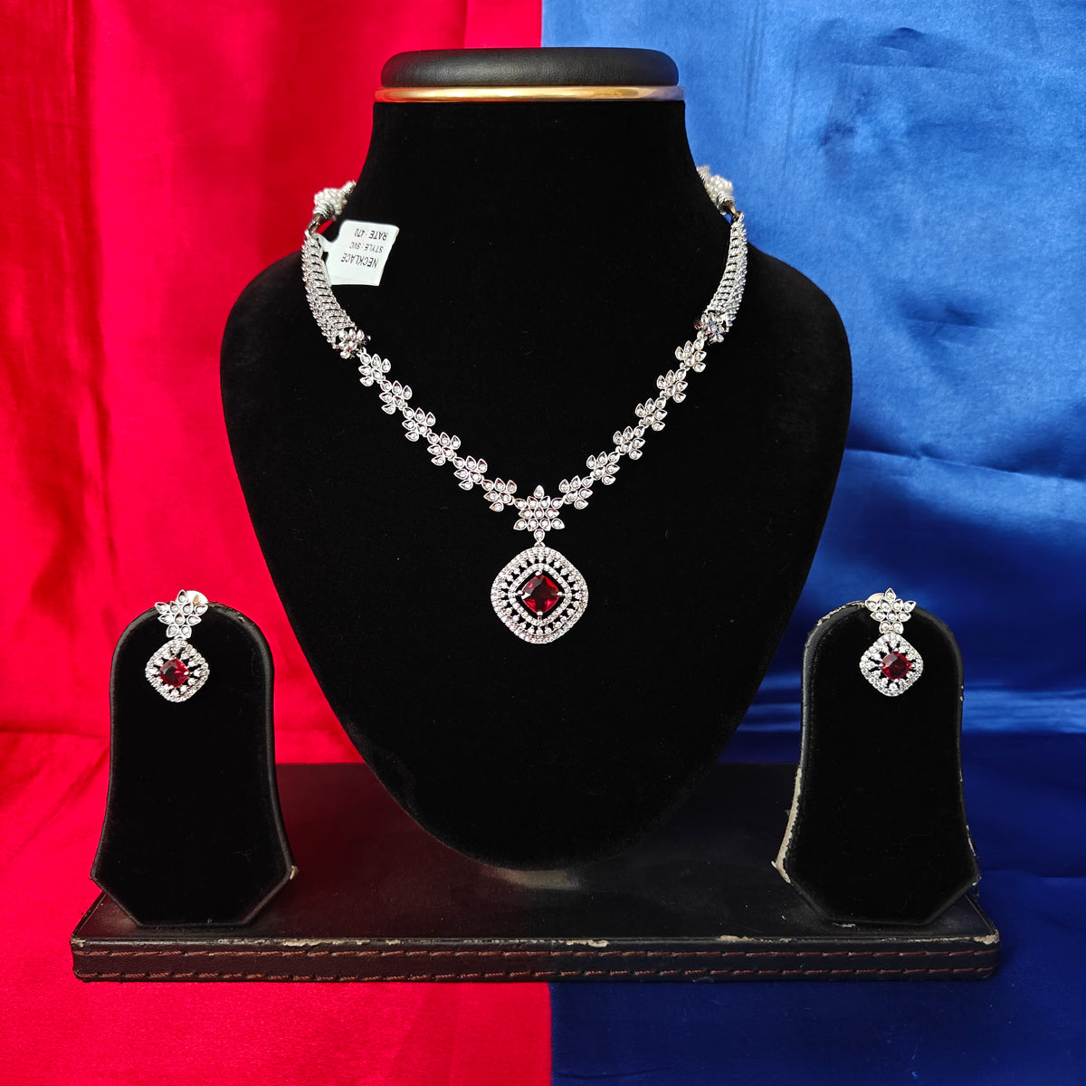 Beautiful Silver Short Necklace In Maroon Coloured Stone