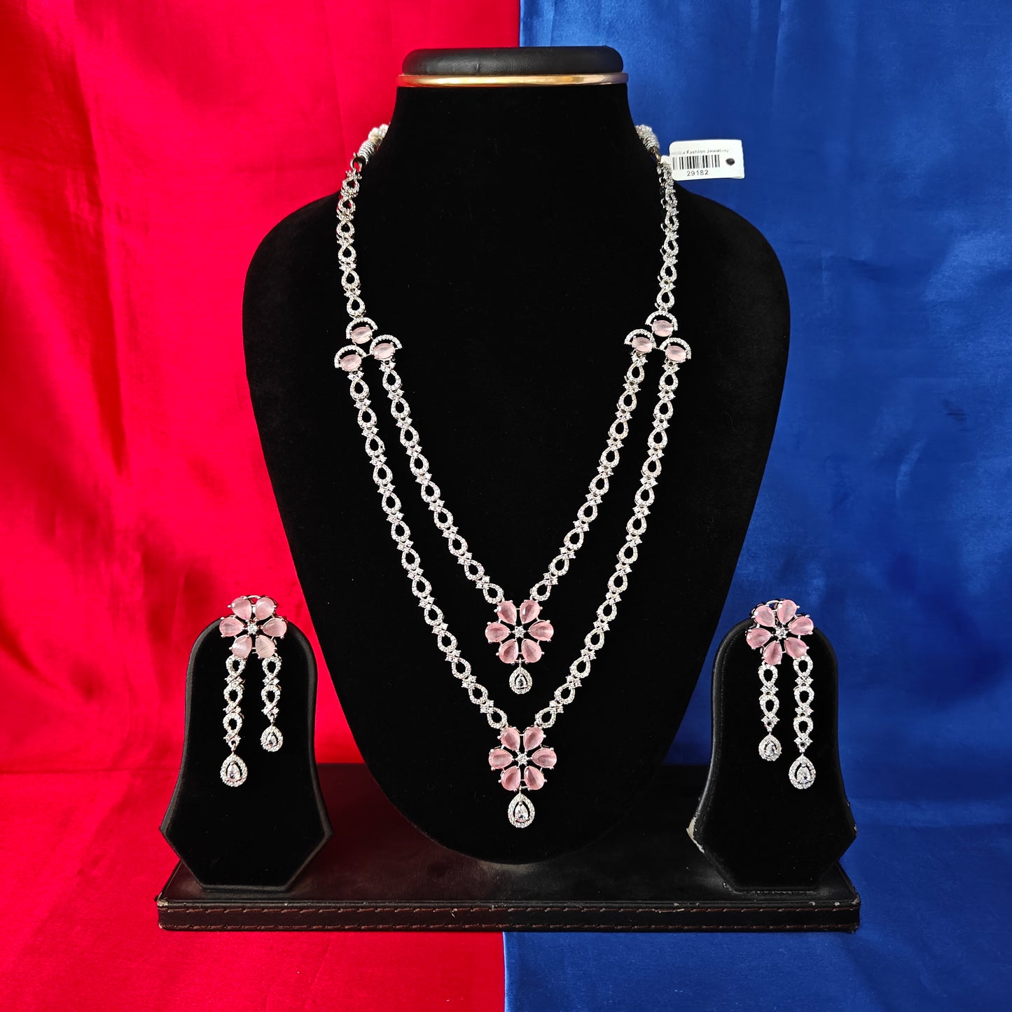 Beautiful Silver Layered Long Necklace In Baby Pink Stone