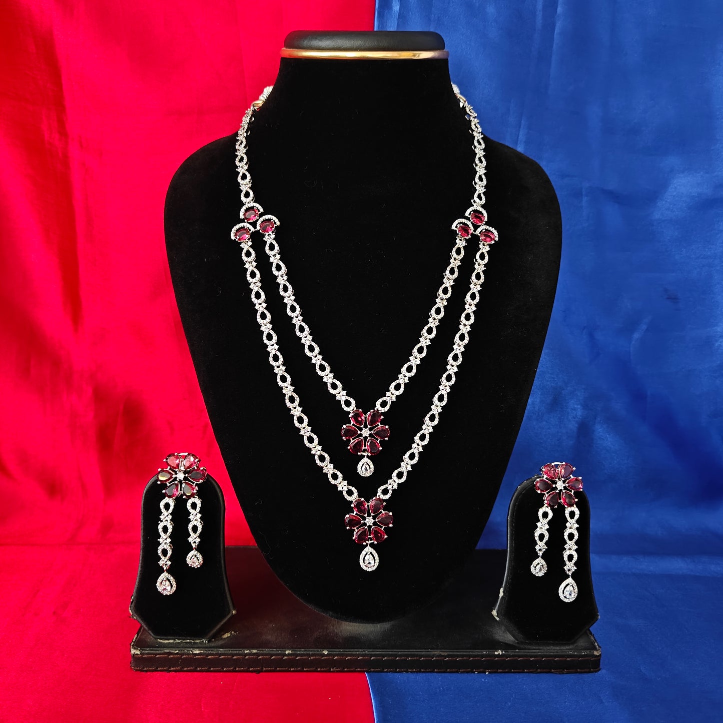 Beautiful Silver Layered Long Necklace In Maroon Stone