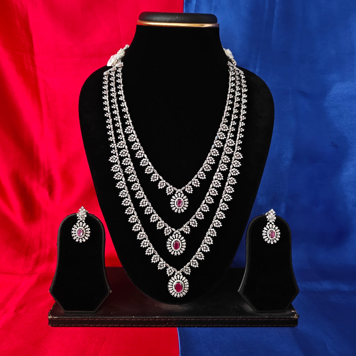 Beautiful Silver Layered Long Necklace In Ruby Stone