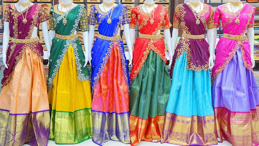 The Latest Trends and Designs in Kanchi Pattu Lehengas or Pavada Handloom By Ambica Wedding Mall.