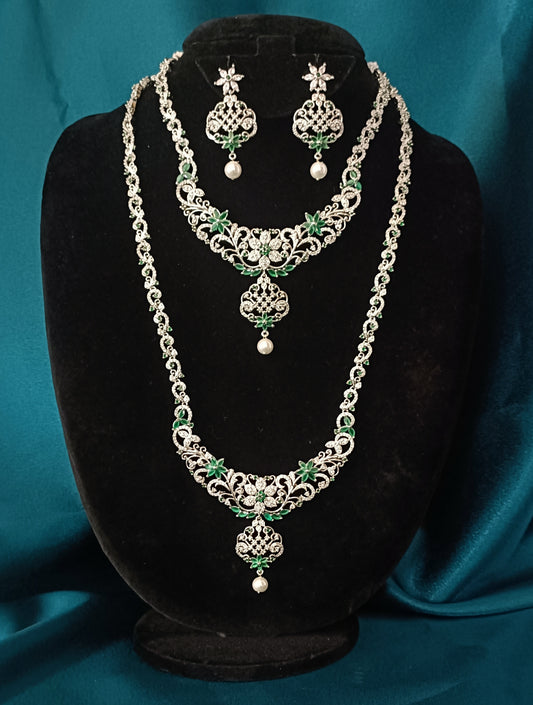 Beautiful GJ long Haaram and short Necklace with AD stone