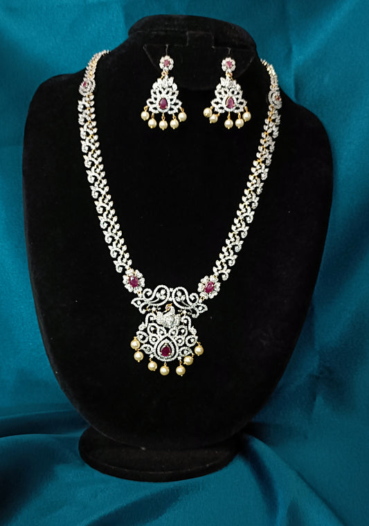 Beautiful AD Long Haaram with pink colour stone