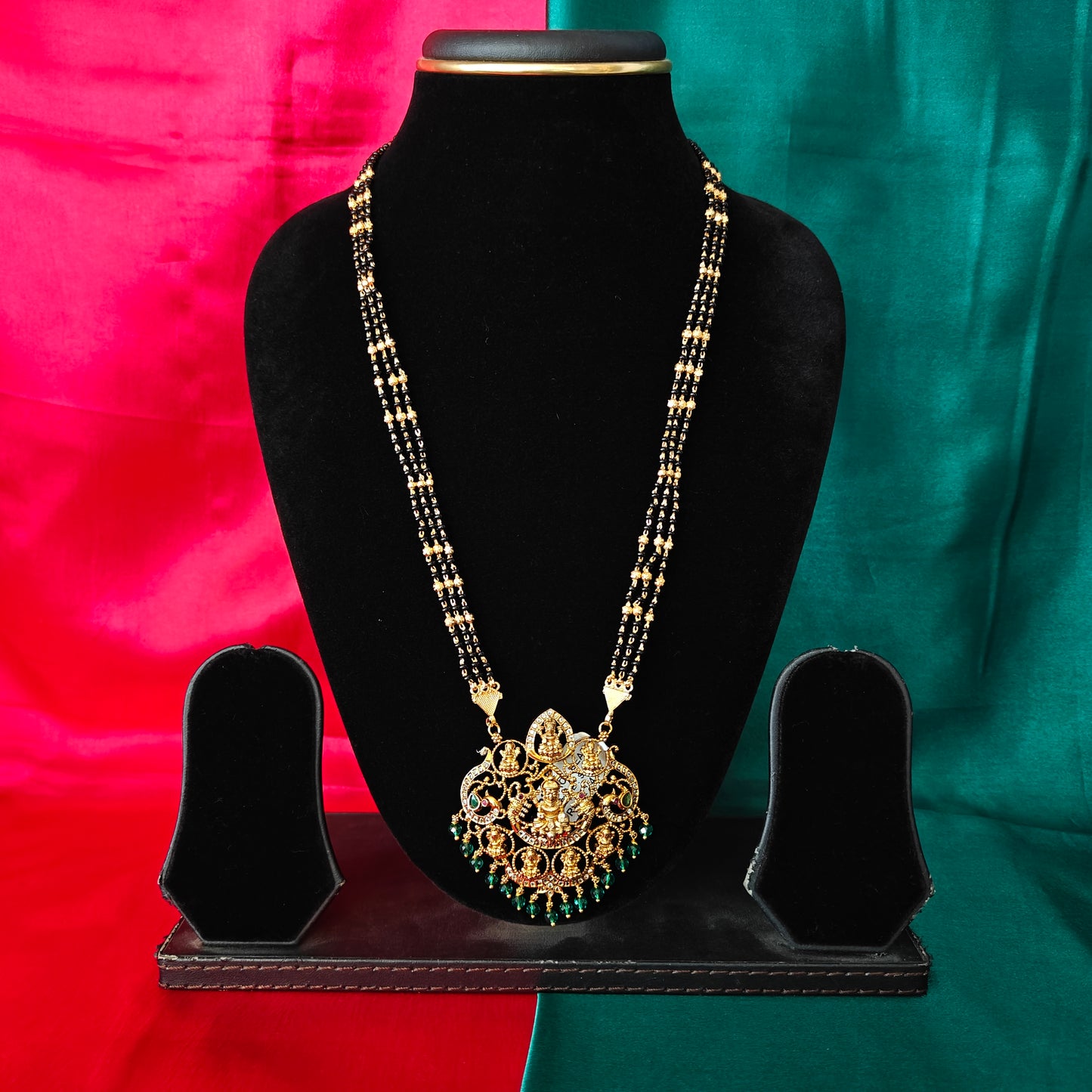 Beautiful Black Beads Long With Laxmi Idol In Green Crystal