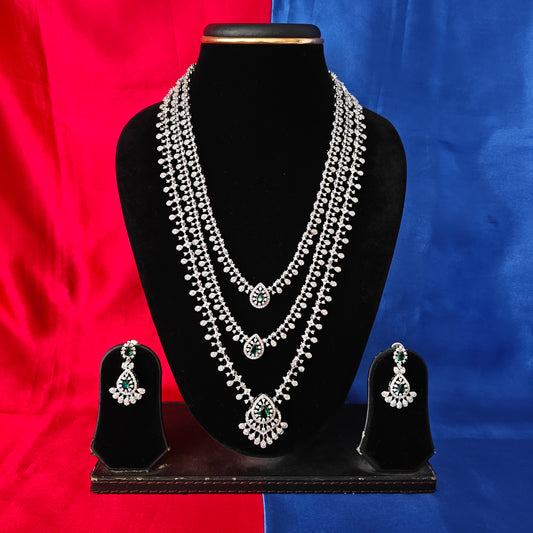 Beautiful Silver Layered Long Necklace In Green Stone