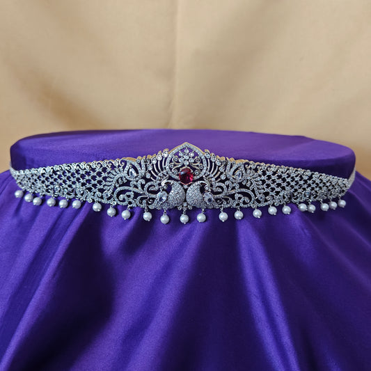 Beautiful Silver Chain Type Vaddanam In Red Stone