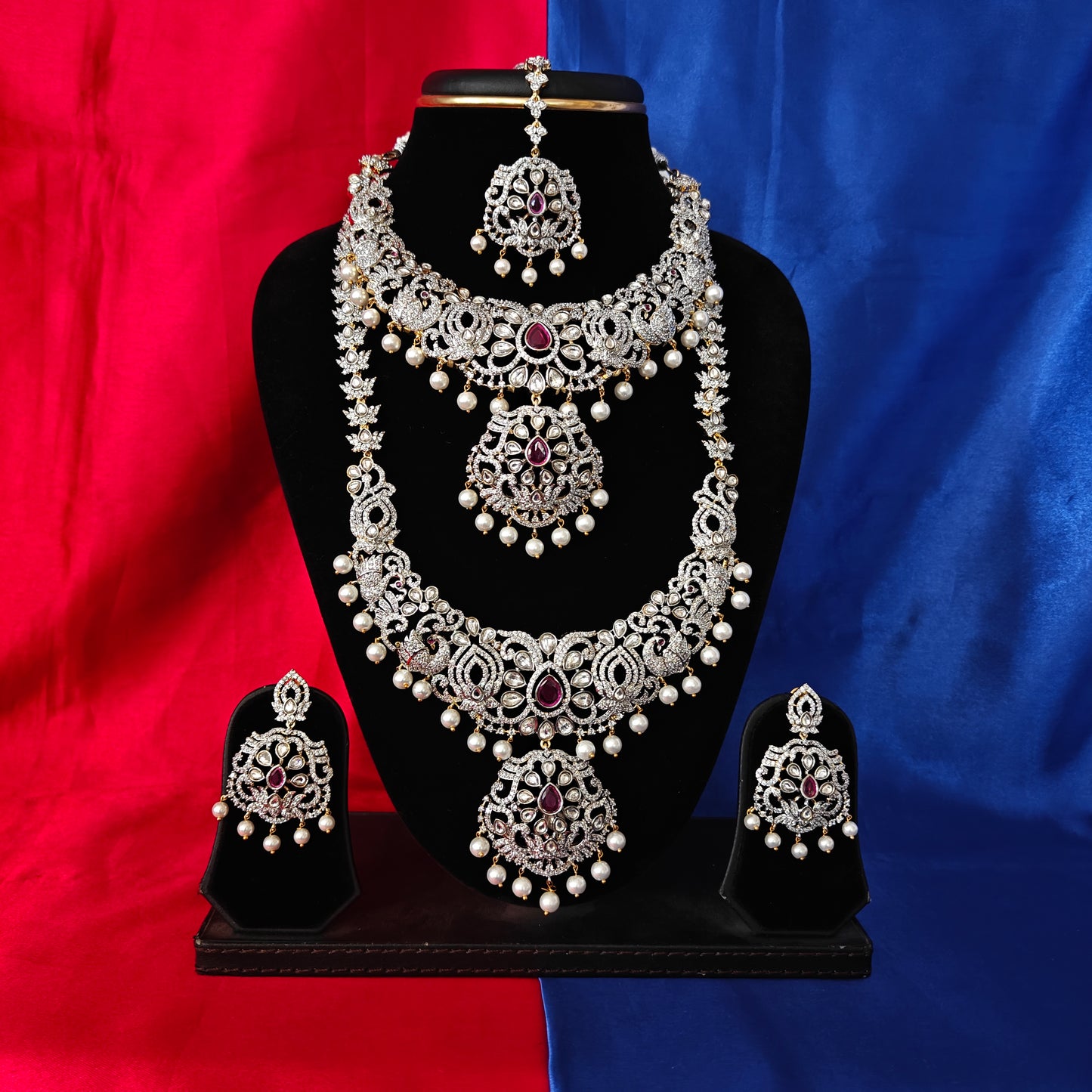 Elegant Victorian Combo Set In Ruby Stone - Ambica Wedding Mall