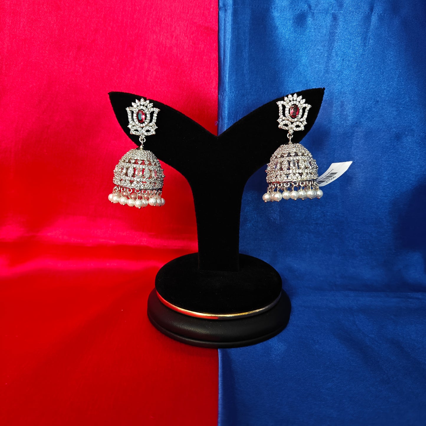Beautiful Silver Jhumki In Red Stone