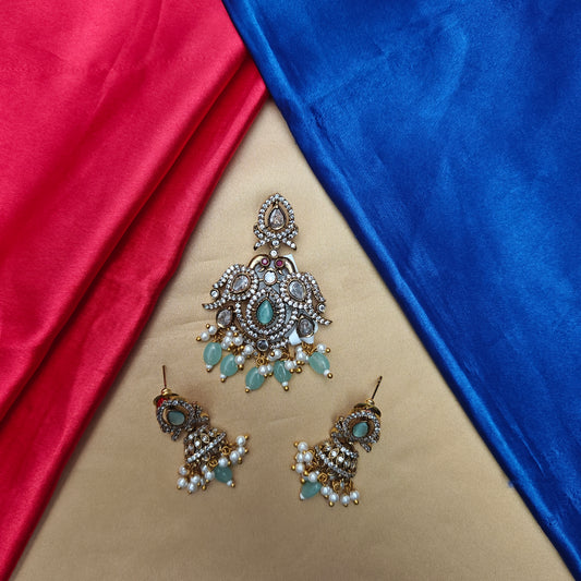 Beautiful Victorian Pendant In Pista Green Beads