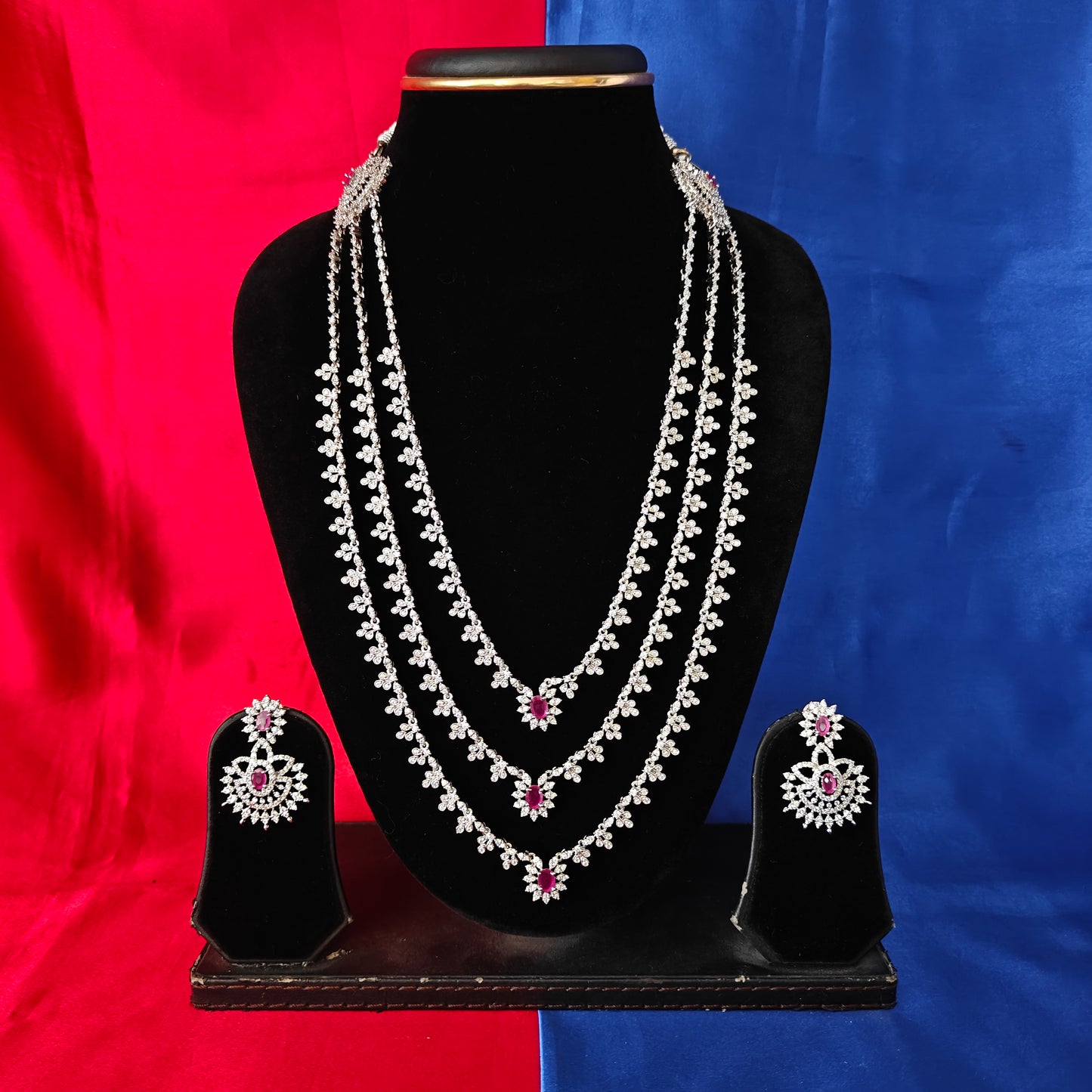 Beautiful Silver Layered Long Necklace In Ruby Stone