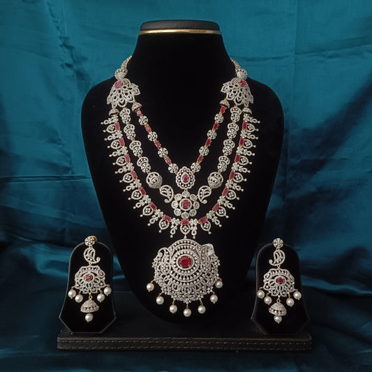 Elegant GJ Bridal Layered Long Necklace In Pink Stones