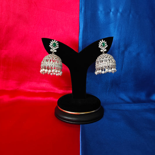 Beautiful Silver Jhumki In Green Stone