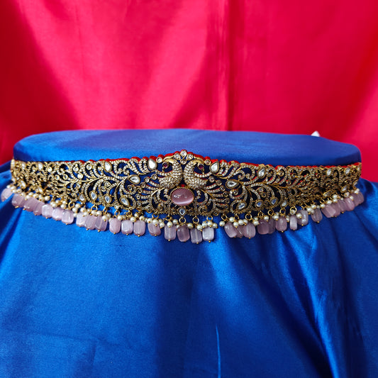 Beautiful Victorian Chain Type Vaddanam In Baby Pink Beads