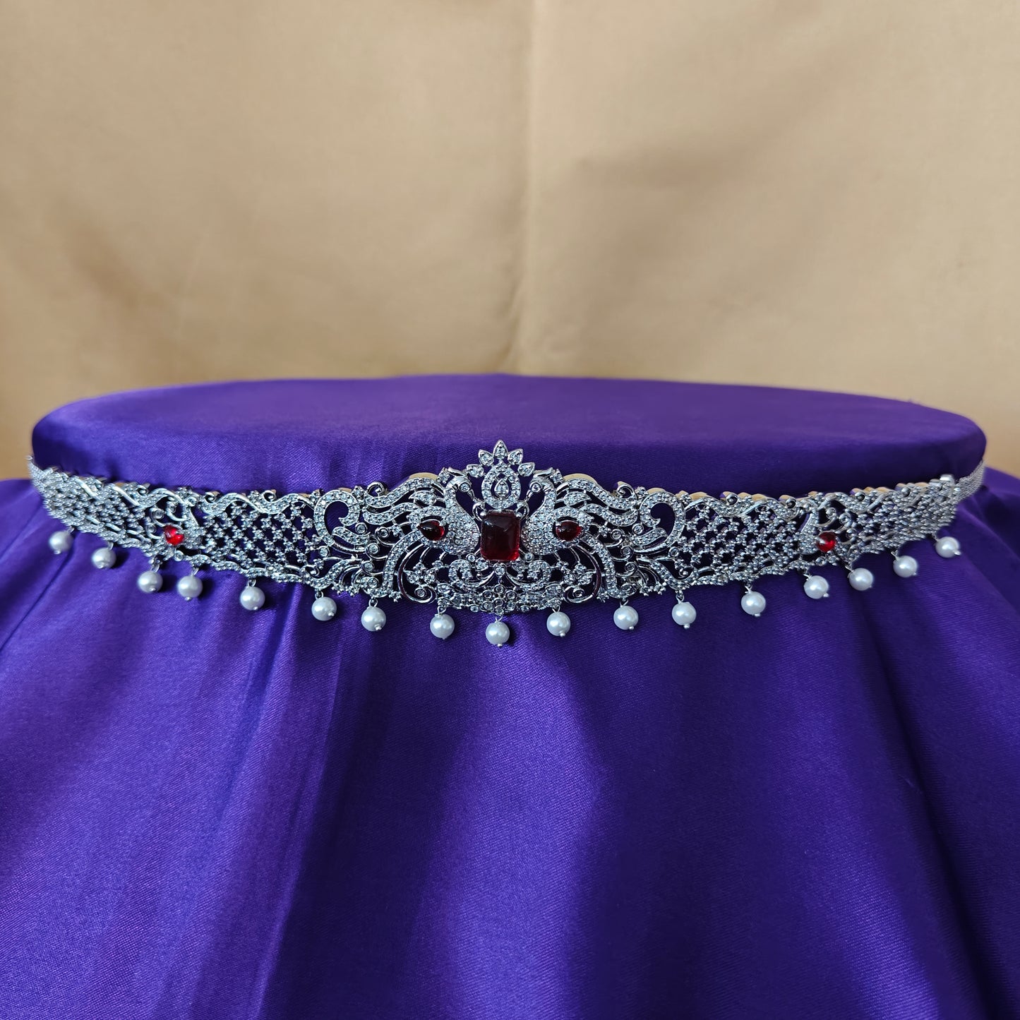 Beautiful Silver Chain Type Vaddanam In Red Stone