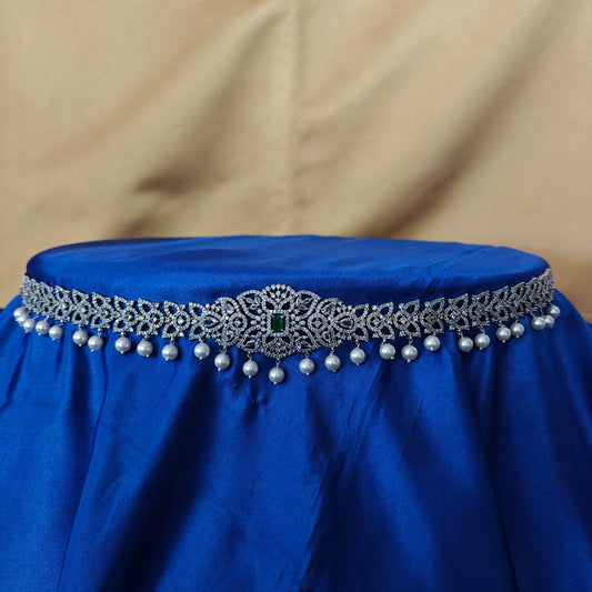 Beautiful Silver Chain Type Vaddanam In Green Stone