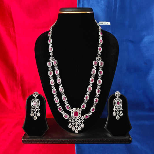 Beautiful Silver Layered Long Necklace In Ruby Stone