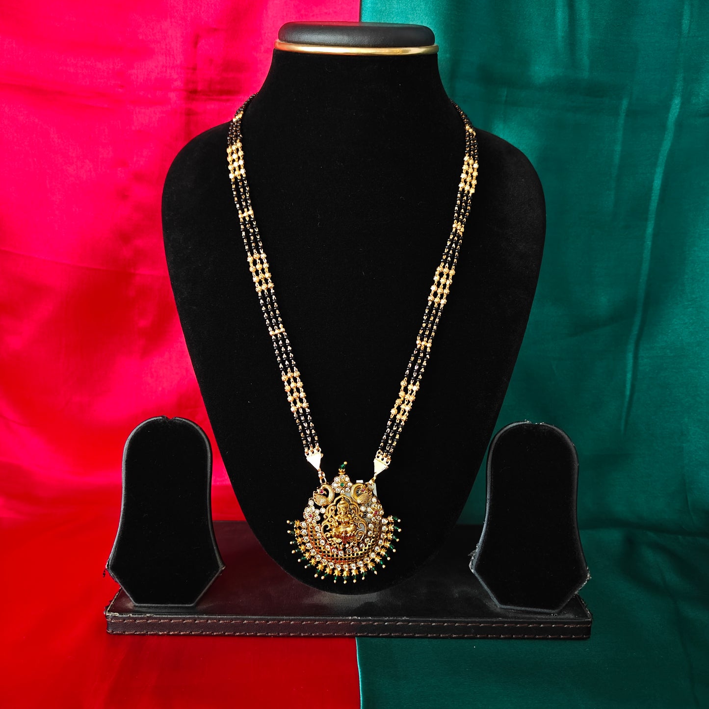 Beautiful Black Beads Long With Laxmi Idol In Green Crystal