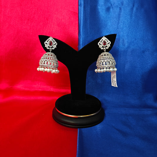 Beautiful Silver Jhumki In Red Stone