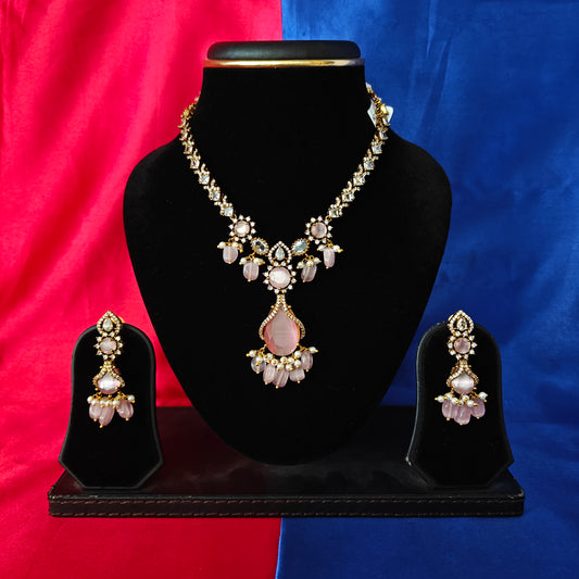 Elegant Victorian Short Necklace In Baby Pink Beads