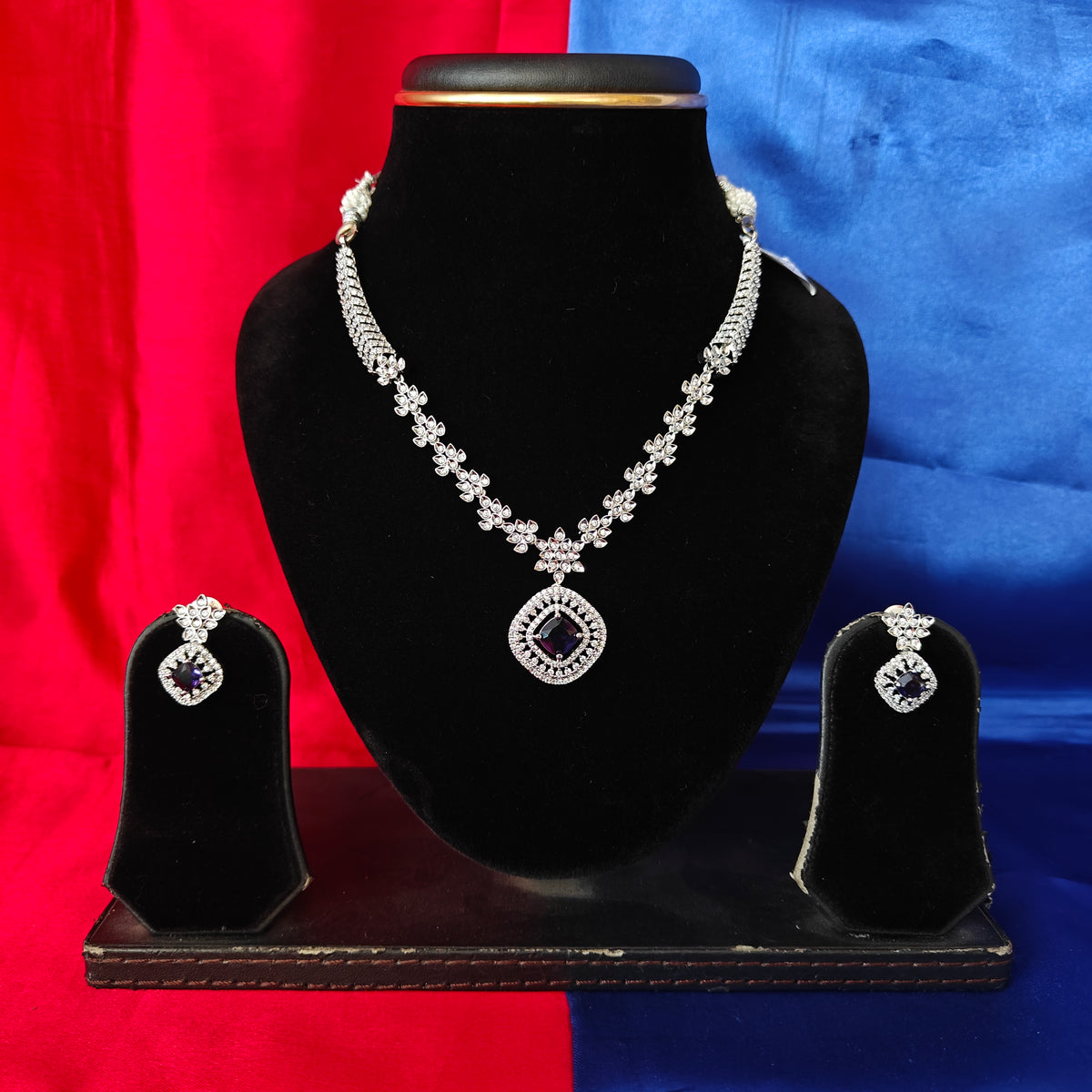Elegant AD Short Necklace In Purple Coloured Stone