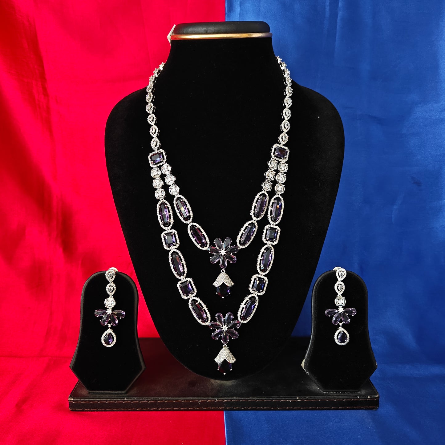 Beautiful Silver Layered Long Necklace In Purple Stone