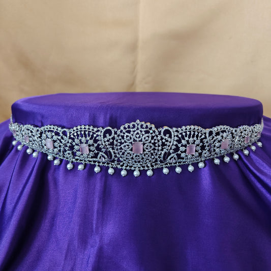 Beautiful Silver Chain Type Vaddanam In Baby Pink Stone