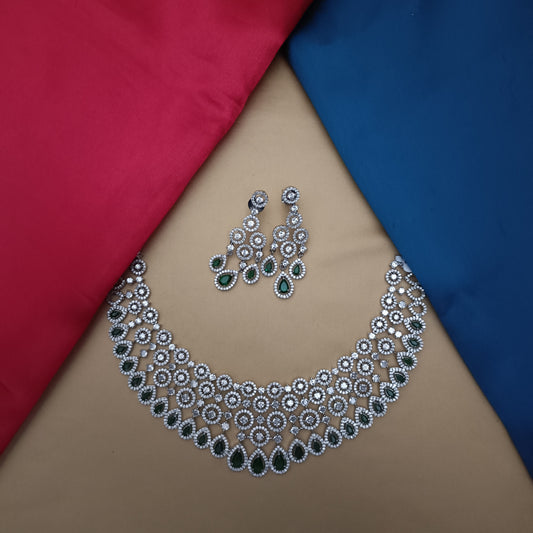 Elegant AD Short Necklace In Green Stone