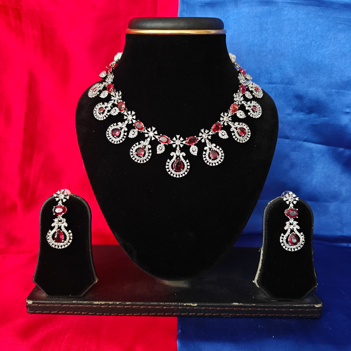 Elegant AD Short Necklace In Maroon Coloured Stone
