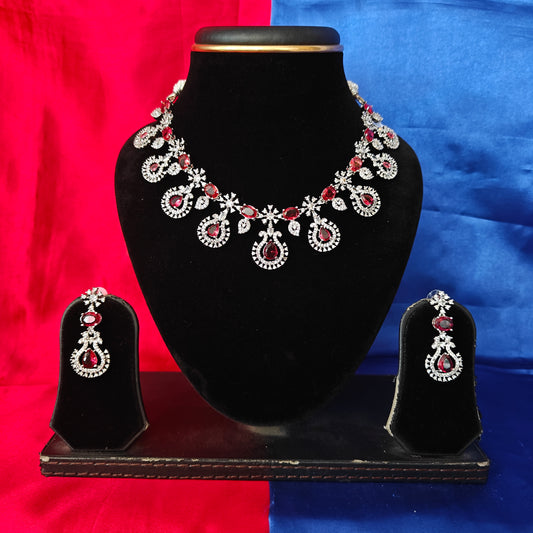 Elegant AD Short Necklace In Maroon Coloured Stone